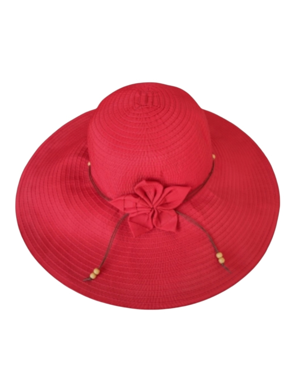SUN 'N' SAND Red Wide Brim Floppy Sun Beach Hat Flower Bead Straw